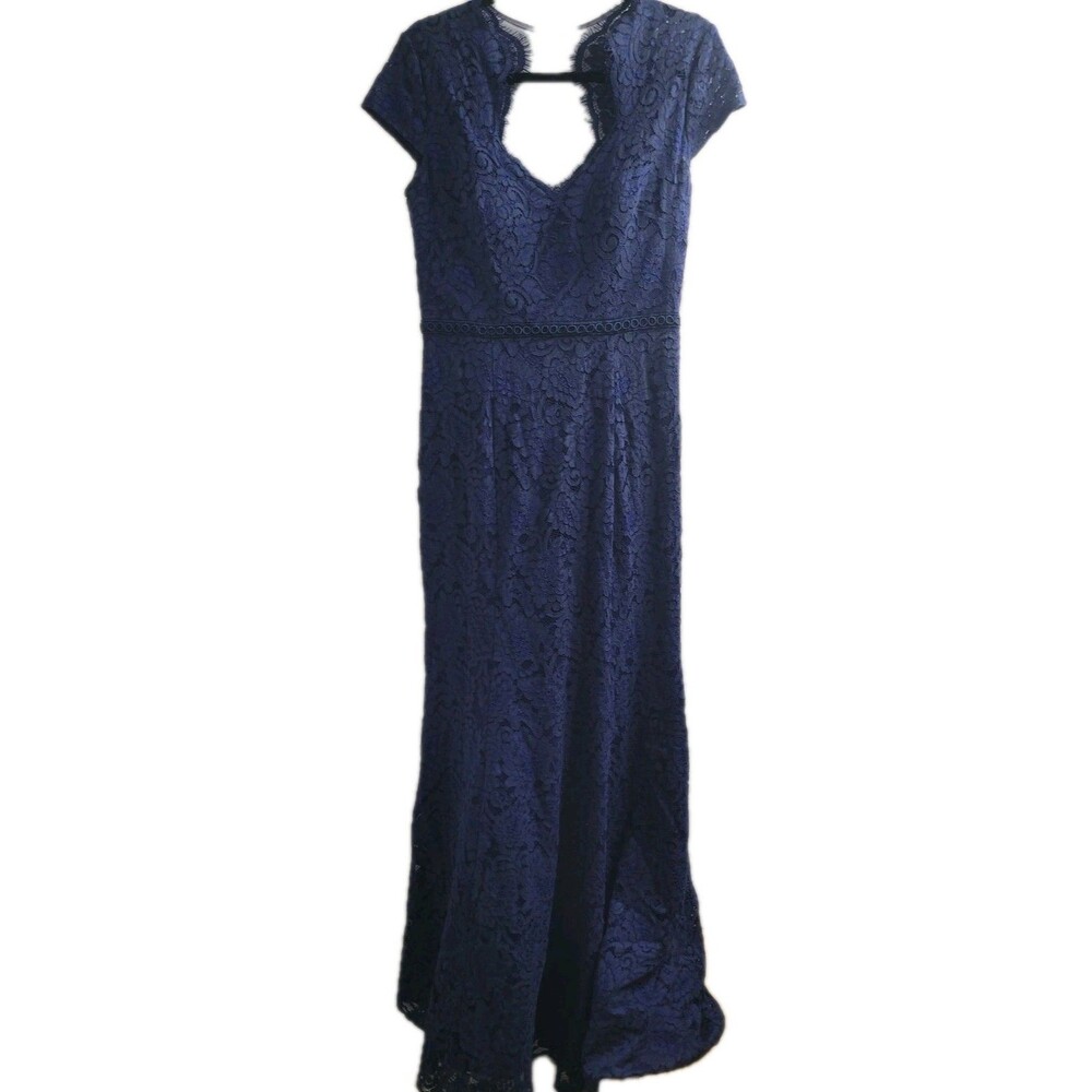 JS Collections Navy Lace Mermaid Gown Cap Sleeve Notch Neck Formal Dress 10 NWT - Picture 2 of 10